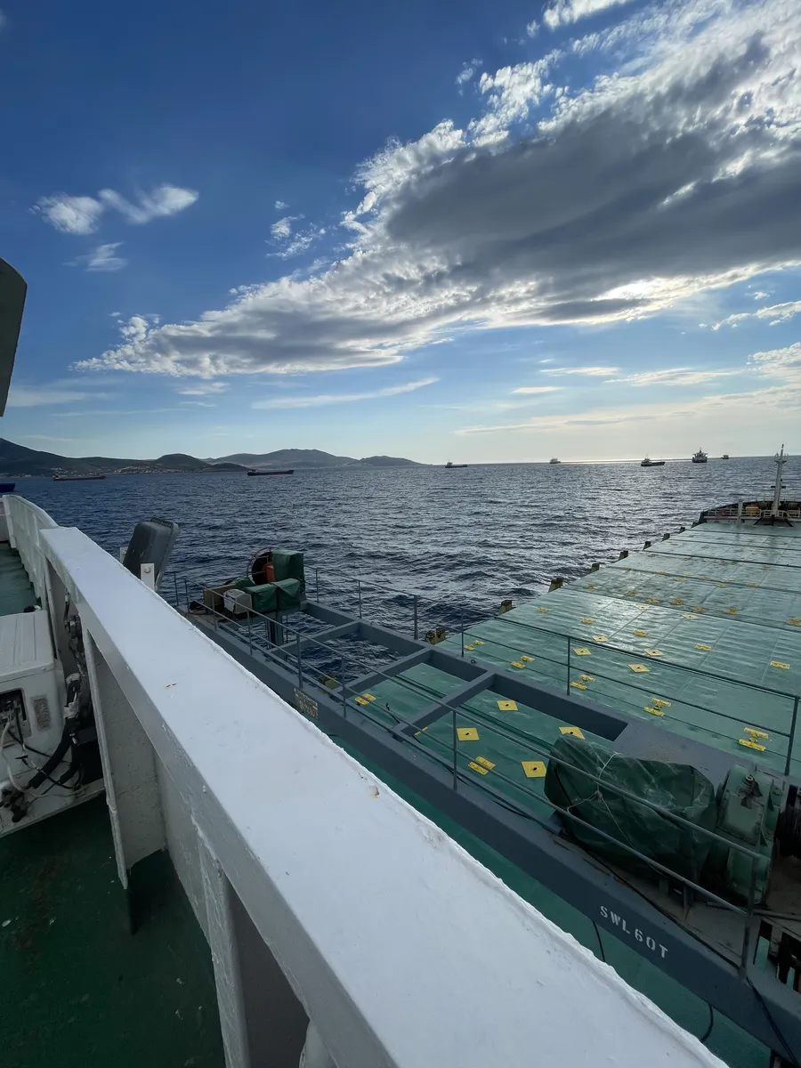 The hatch covers and the anchorage seen from the bridge wing