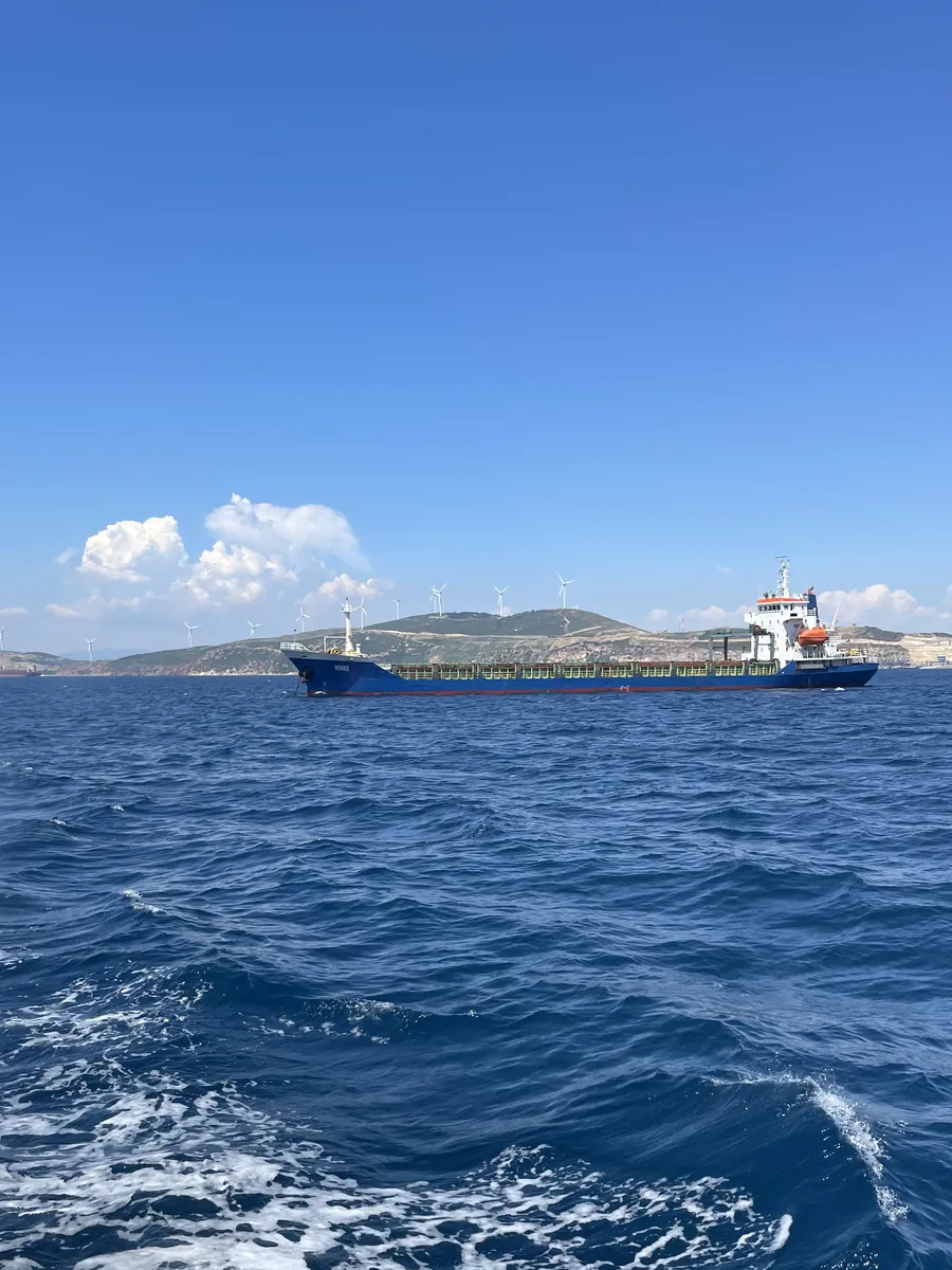 A cargo ship waiting at anchor in a calm bay